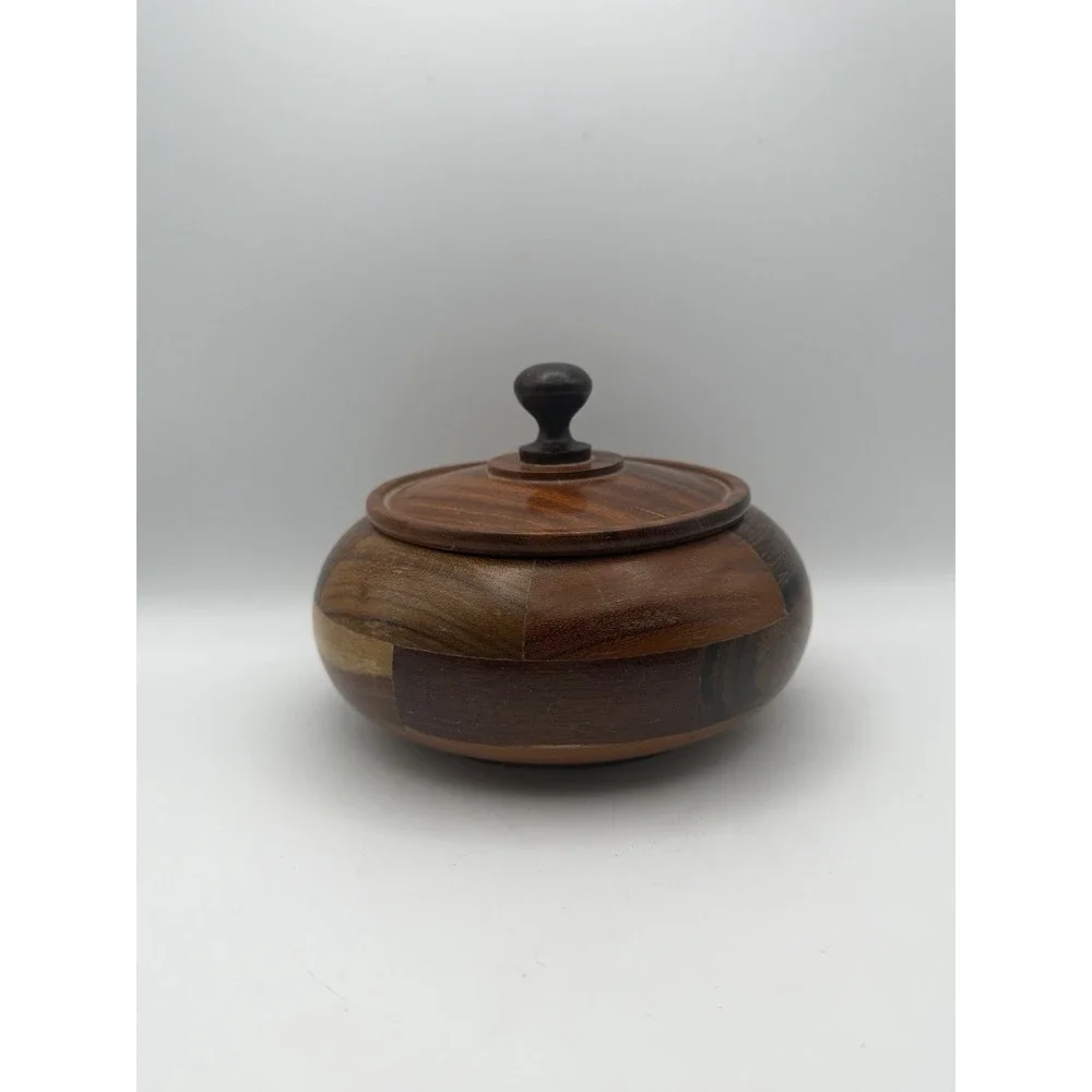 Vintage Hand Turned Patchwork Wooden Lidded Bowl Trinket Box Rustic Decor 5.25